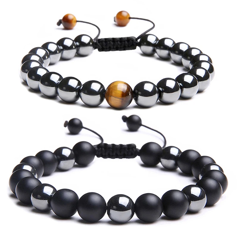 Pulseras para hombre, pulsera de piedra Natural, cuentas de 8mm, piedra ónix negro y hematita, Ojo de Tigre, pulseras ajustables con cordones hechas a mano|Pulseras de hilo| - AliExpress