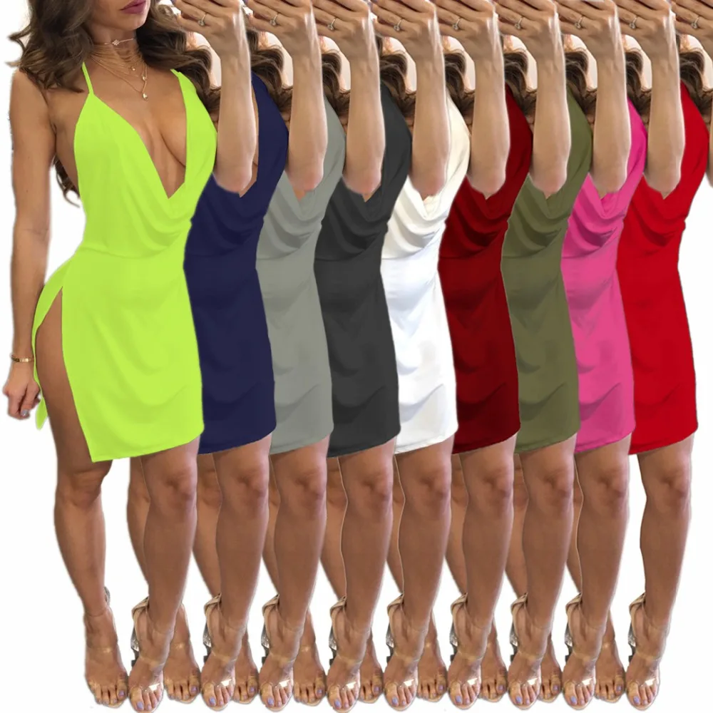 Kakan летнее Новое Женское Платье на подтяжках с высоким разрезом сексуальное платье с низким вырезом с открытой спиной многоцветное дополнительное платье для XS-3XL