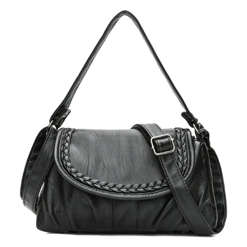 

Fashion Women Soft PU Leather Shoulder Bag Knitting Handbag Ladies Crossbody Messenger Bag Girls Black Clutch Two Strap Flap Bag