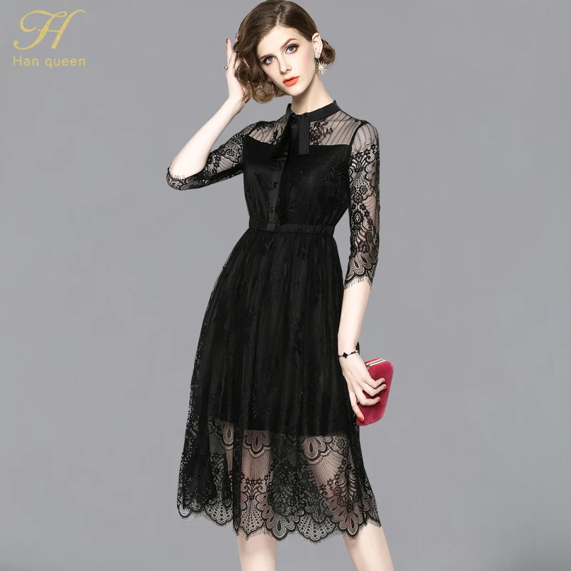

H Han Queen Women Lace Dress Sexy See Through Eyelet Mesh Patchwork Evening Party Special Occasion Vestidos Autumn Black Dresses