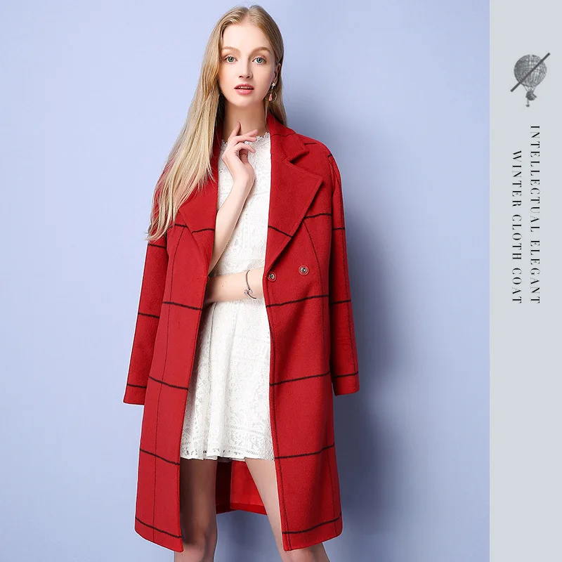2016 Winter Brand New Women’s Temperament Plaid Single Breasted Lapel Wide-waisted Sashes Ladies Long-section Woolen Coat