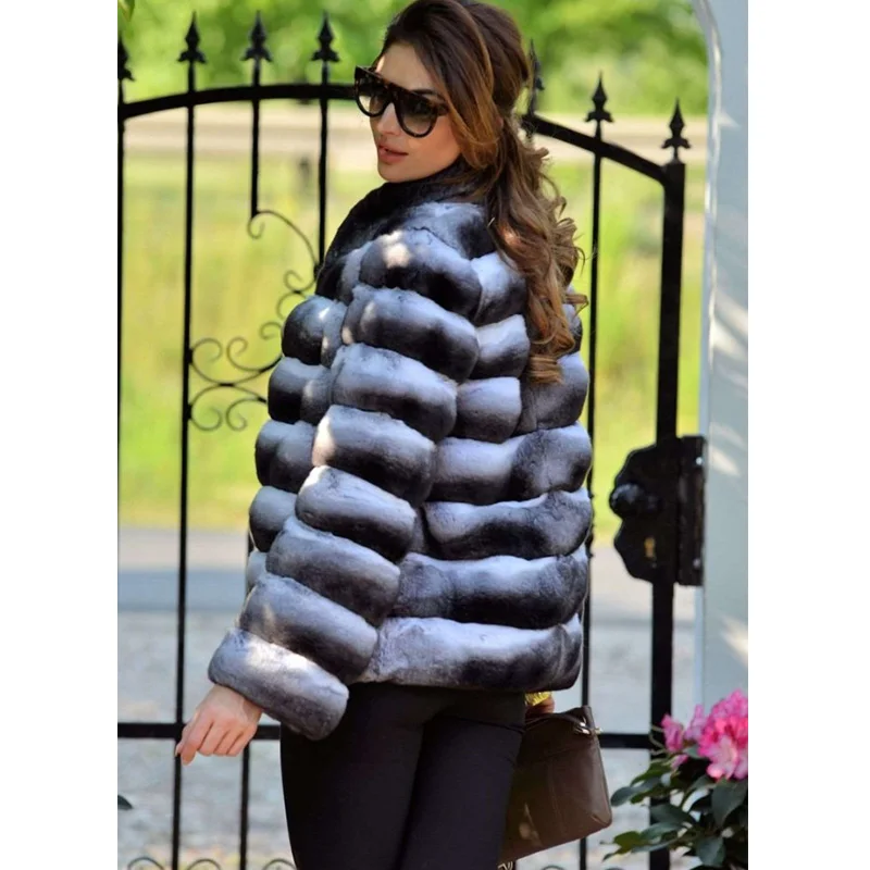 Real Fur With Nature Chinchilla Rex Rabbit Furs Women Fur Coat With Stand Collar Fashion Horizontal Stripes Rabbit Jackets 2018 Real Fur With Nature Chinchilla Rex Rabbit Furs Women Fur Coat With Stand Collar Fashion Horizontal Stripes Rabbit Jackets 2018