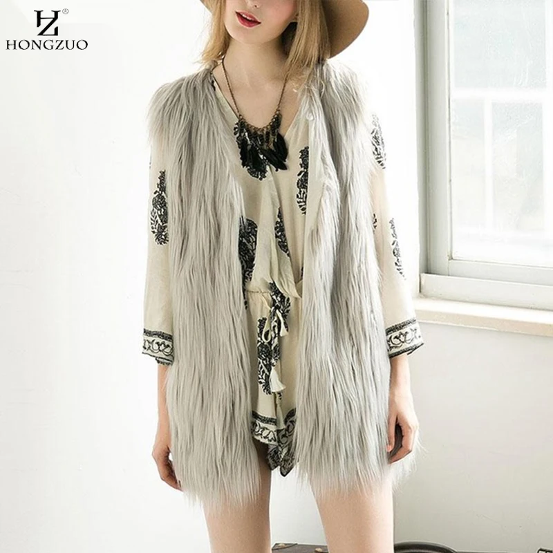 

HONGZUO Brand Faux Fur Jacket Women Apricot Fur Vest Gilet Sleeveless Outerwear Jacket Coat Long Hair V-neck Waistcoat PC137