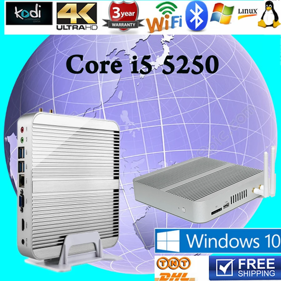 Fanles Mini PC Core i5 5250U HTPC Gigabit Lan Wifi Optional bluetooth Windows10 pc HD Graphics