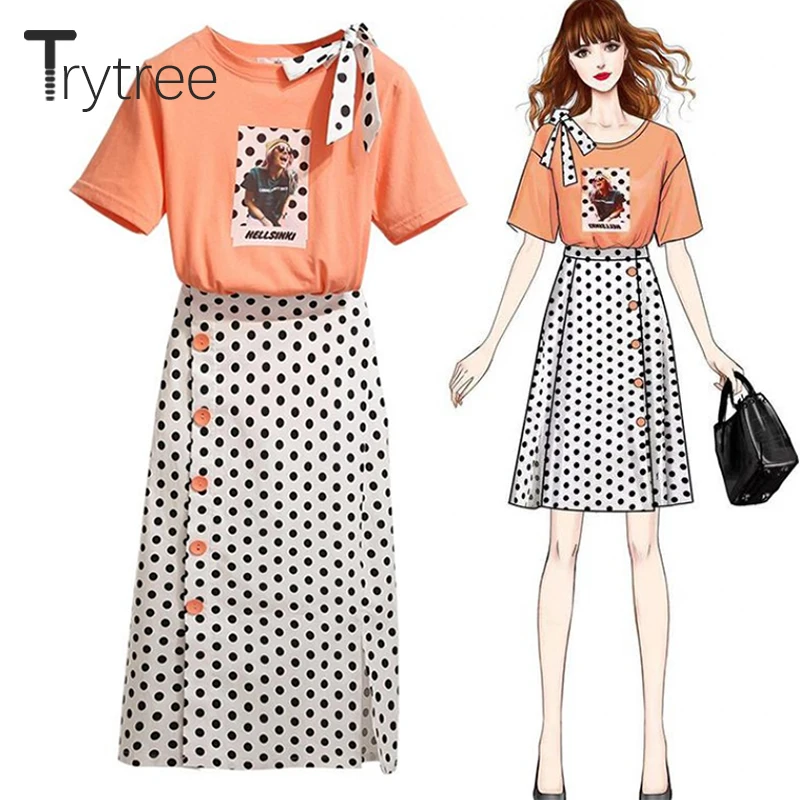 

Trytree Summer Women two piece set Casual Dot Print Bow Ribbon Top + Skirt Dot Single-breasted Mid-Calf Suit Set 2 Piece Set