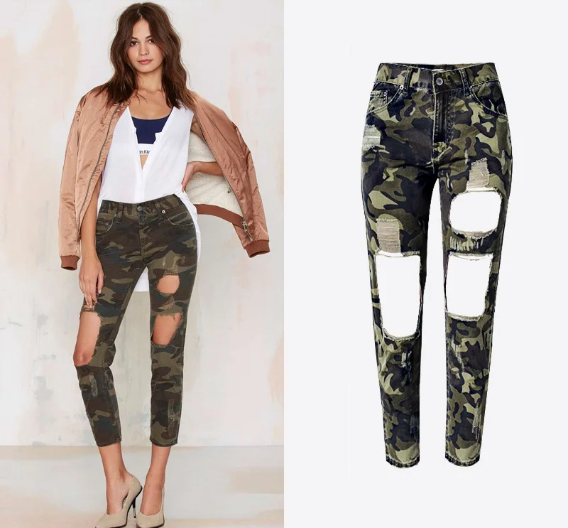 Модные рваные джинсы с камуфляжным принтом для женщин; большие размеры; мешковатые джинсы бойфренда; Femme с дырками; камуфляжные джинсовые брюки