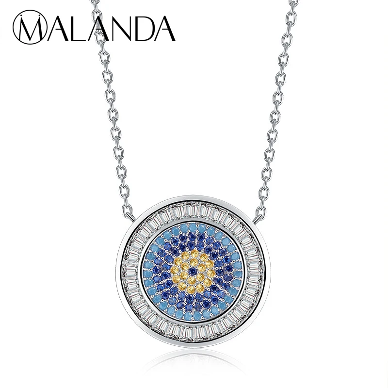 

MALANDA Brand Round Pendant Necklace Yellow Blue Cubic Zircon Statement Necklaces For Women Fashion Office Jewelry Gift 2018