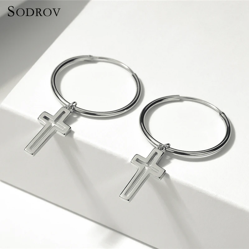 Серьги кольца с крестиком из 100% серебра Классический символ веры