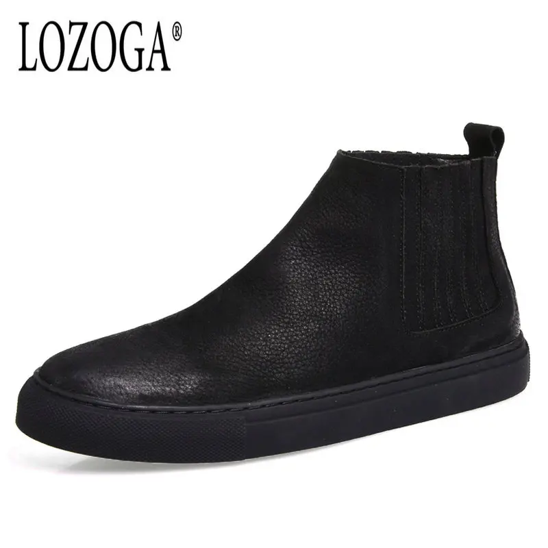 

Lozoga Men Fashion Chelsea Boots Men British Retro Sewing Thread High Top Elastic Band Leather Men Boots Black Flat Boots Shoes