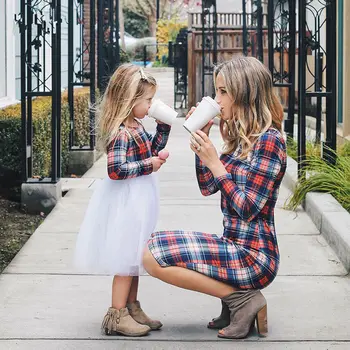 

2-6T Mother Daughter Dresses Matching Outfits Moms And Girls Clothes Long Sleeve Plaid Family Dress Boho vestido meisjes jurk