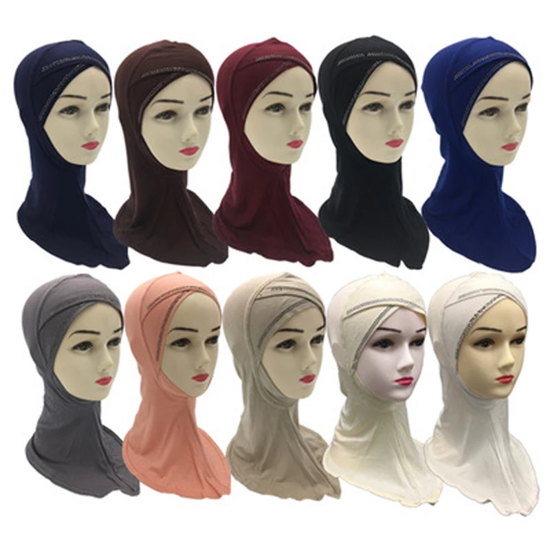 

Wholesale Inner Hijab Scarf Islamic Neck Cover Bonnet Cross Cover Inner Hijab Cap Lady Headwear Bone Bonnet Muslim Hijab 10pcs