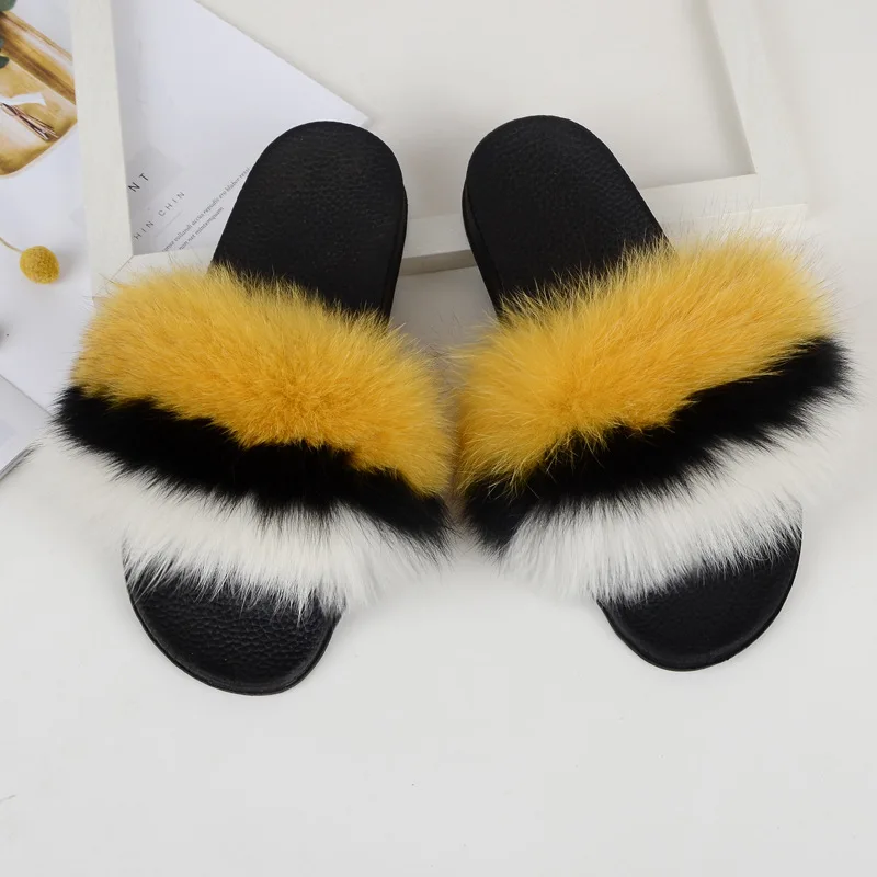 New Mixed Color Real Fox Fur Slippers Slides Casual Shoes Fluffy Slippers Flip Flops Furry Shoes Women