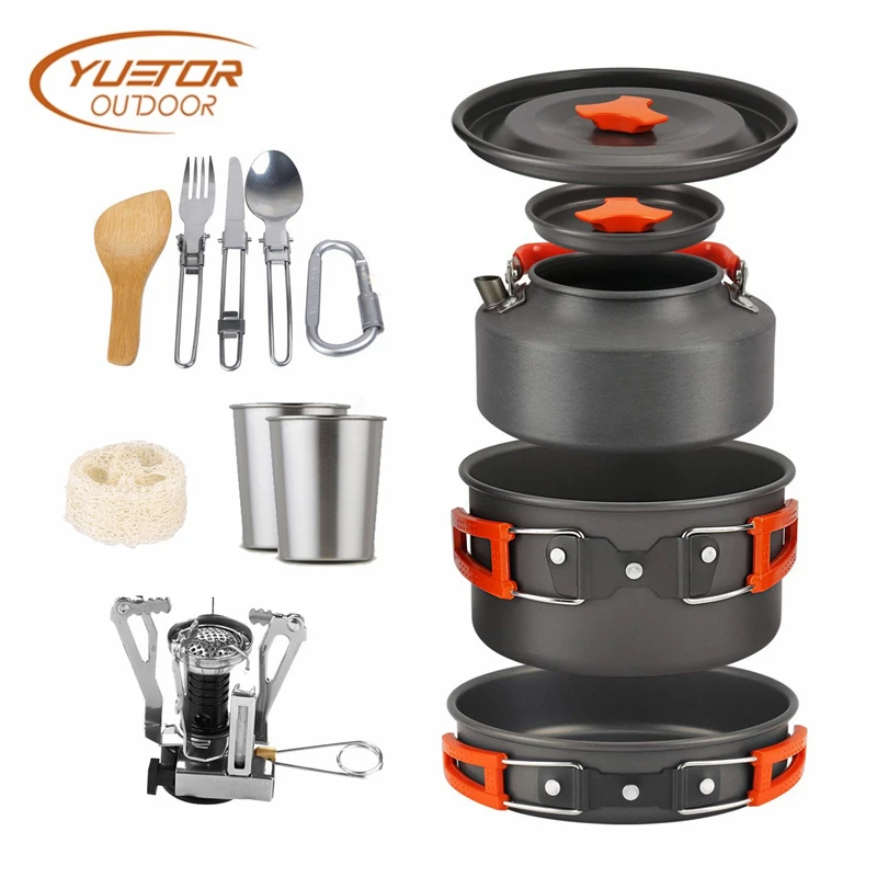  YUETOR OUTDOOR 2-3 Persons 15pcs Camping Stove Cookware Set Portable Utensils Bowl Pot Spoon tablew