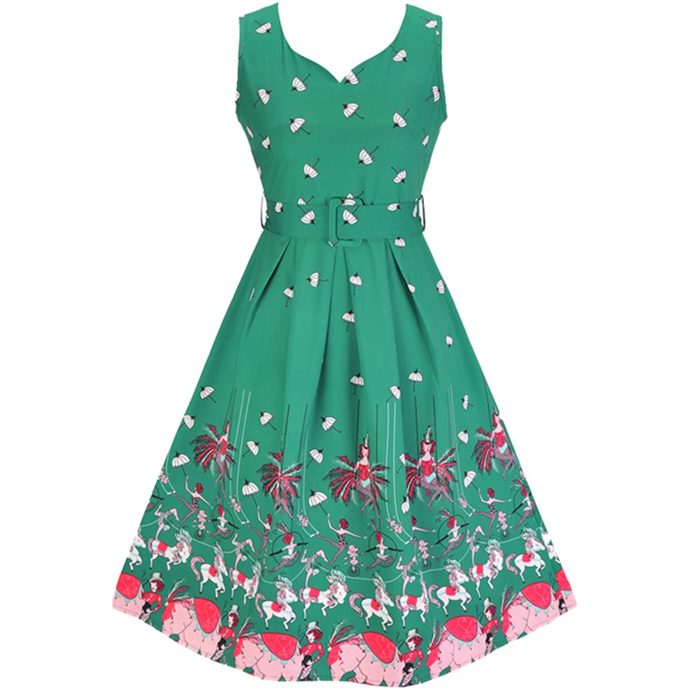 2017 Vintage Dress Women Summer Fashionable Dancer Umbrella Print 1950s Rockabilly Hepburn A Line Big Swing Party Tunic | Женская одежда
