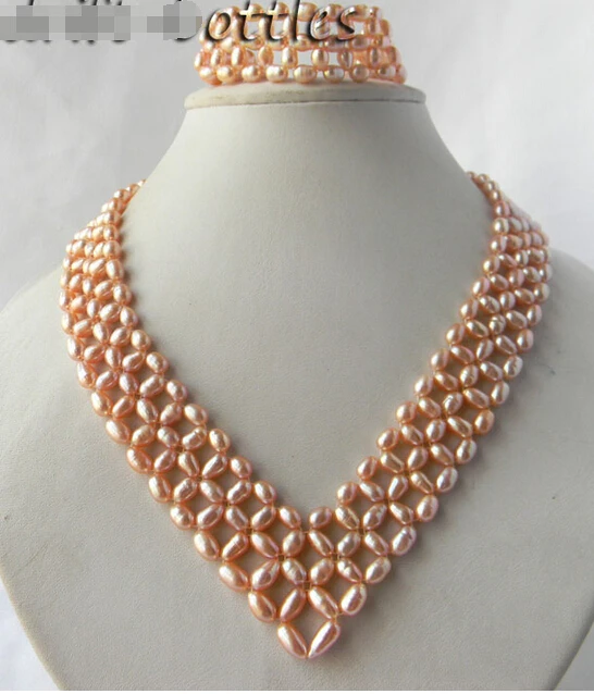 

shippingA Handmade Pink Rice Freshwater Pearl Necklace Bracelet Set (A0423) -Bride jewelry free shipping