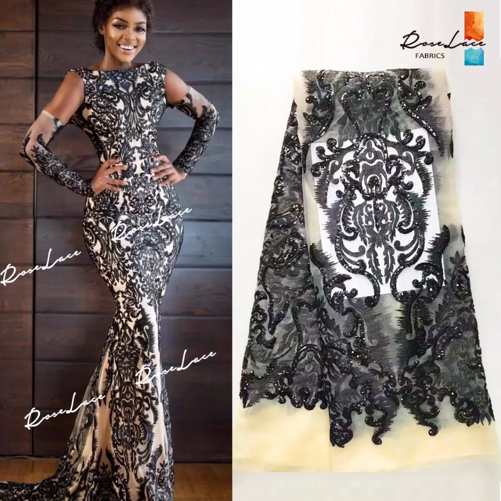 

Black Sequined Embroidered African Mesh Tulle Lace Fabric Elegant Design Nigerian Sequins Guipure Evening Dresses Net Material