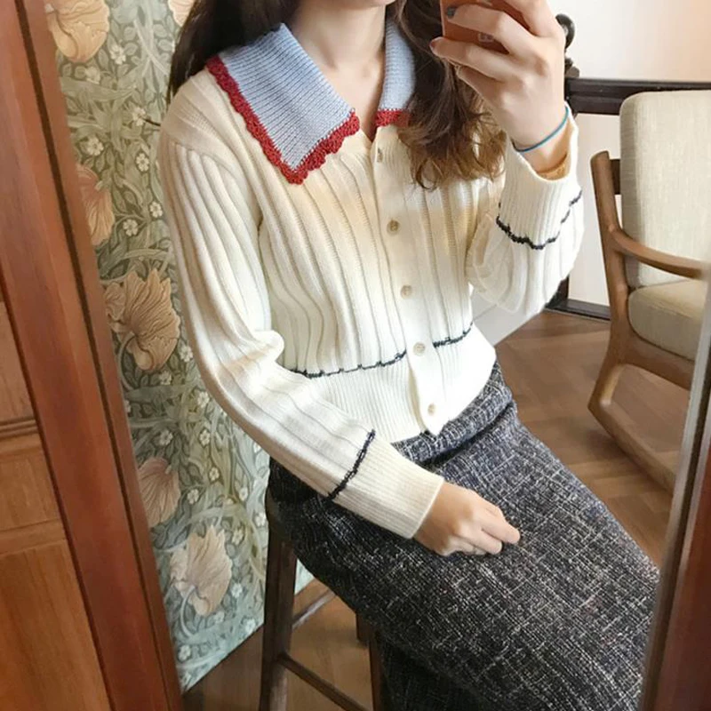

2018 spring and autumn korean style detachable collar color pathwork womens sweaters (C568)
