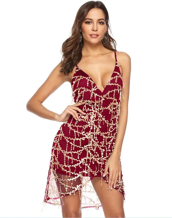 Пикантные с висячими элементами с блестками летнее платье для женщин класса люкс, для ночного клуба, с низким вырезом на спине платье на бретельках с ремешком Вечерние Платье женское платье для вечеринки vestidos - Цвет: Wine red
