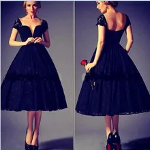 Fashion V-ausschnitt Abendkleid Flügelärmeln Backless Kurzes Abschlussball-kleid Ballkleid Schwarz Spitze Tee Länge Formales Partei-kleid Für Party