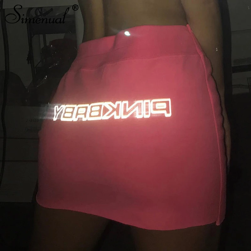 

Simenual Letter Print Reflective Casual Skirts Women Sexy Athleisure Short Skirt Clubwear Neon Color Basic Bodycon Mini Skirts
