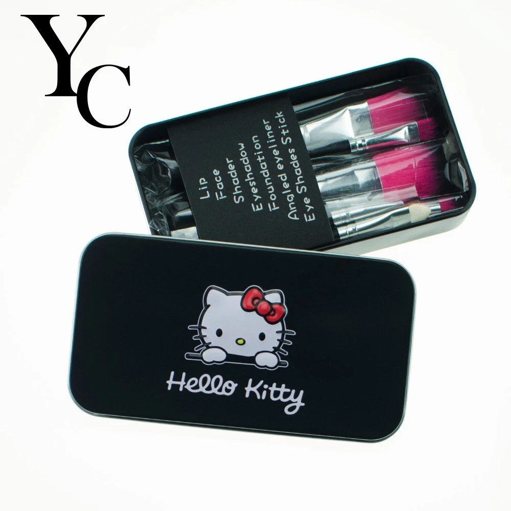 

Yansh 2017 Black Hello Kitty 7Pcs Makeup Brush Set Mini Size Professional Facial Cosmetics Make Up Brushes Set With Metal Box