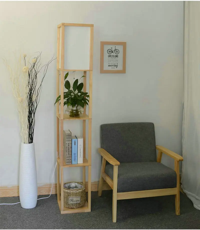 Decorativa de Madeira Luminária de Chão do Sotão Candeeiro de pé com Prateleira de Armazenamento de Mesa para Quartos Sala de Estar Modern Preto Branco Casa Led 5 Cheap Luminárias de pé