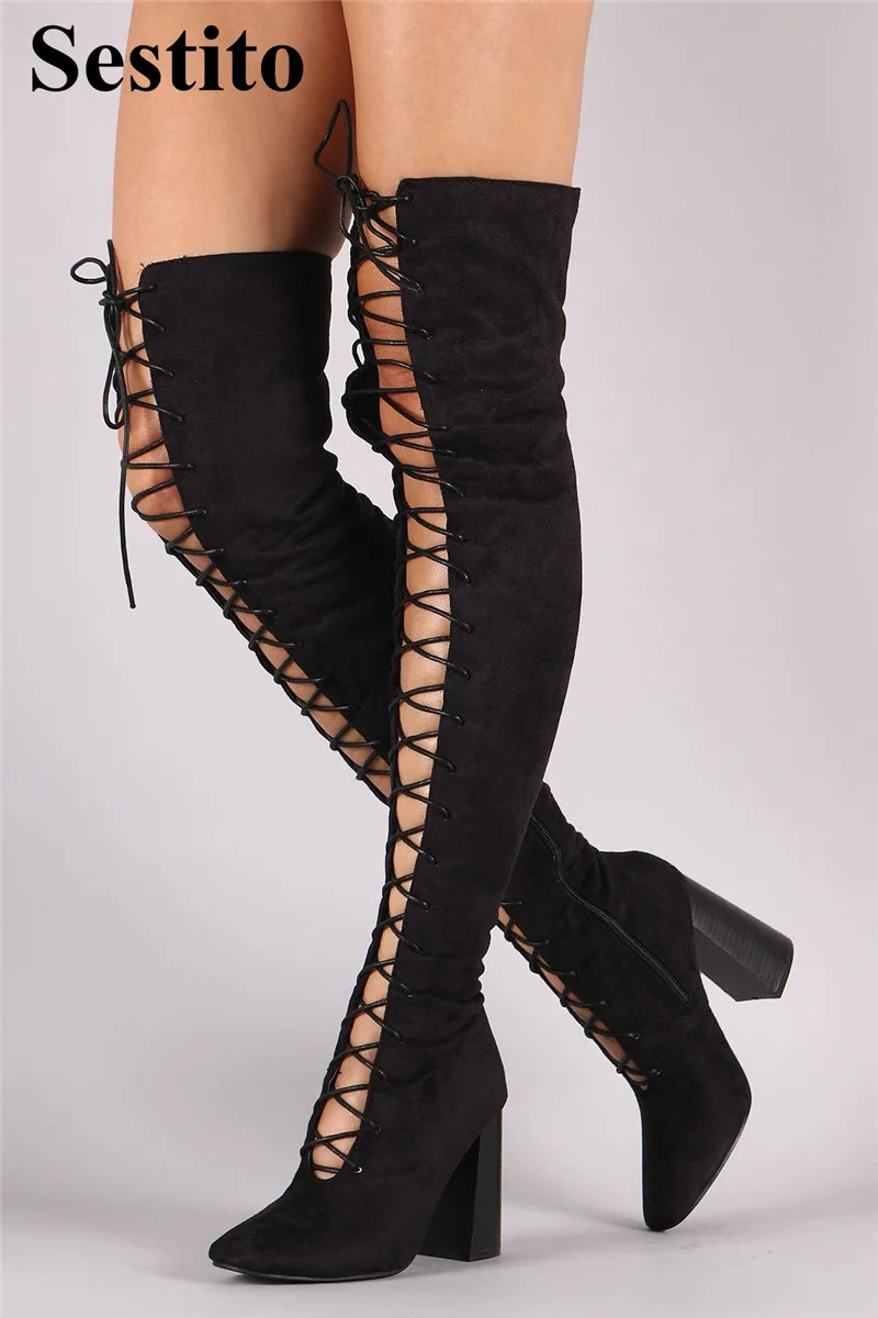 

European New Black Hollow Cross-tied Thigh High Boots Round Toe Over-the-Knee Boots Women Super High Hoof Heels Zip Ladies Shoes
