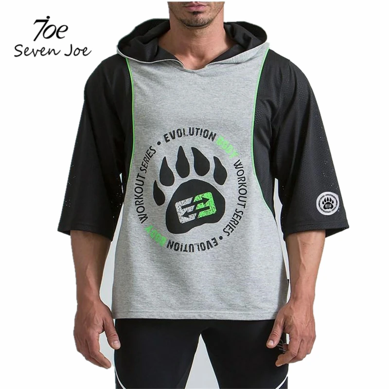 

Seven Joe Mens fashion t shirt summer new shirts gyms Fitness Bodybuilding short sleeve male personality Slim hooded tee Tops
