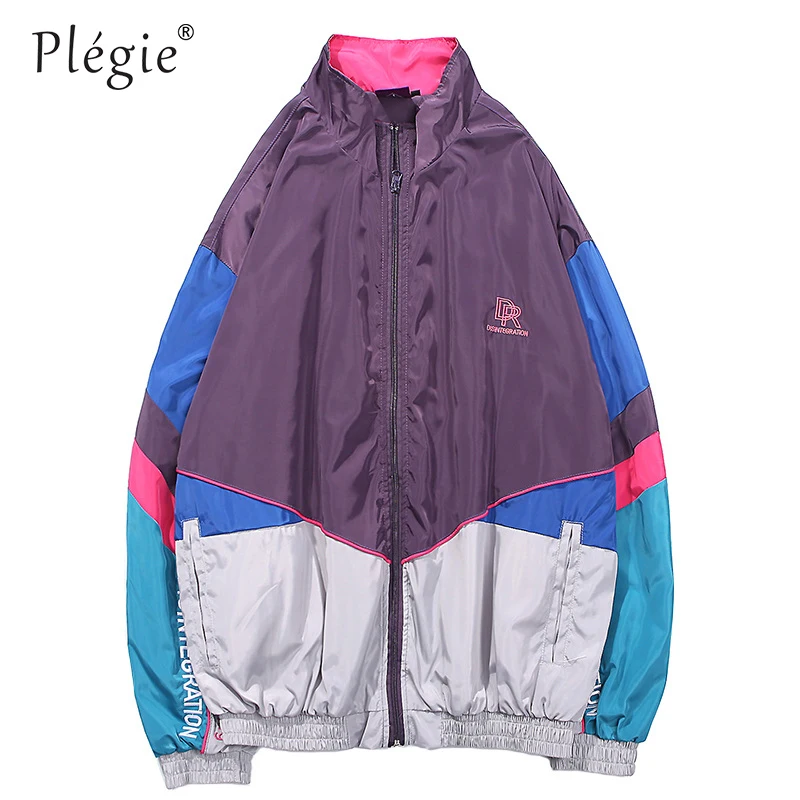 

Plegie Harajuku Color Block Jacket Streetwear Mens Hip Hop Windbreaker Jacket Embroidery Oversized Track Jacket Coat 2019 Autumn