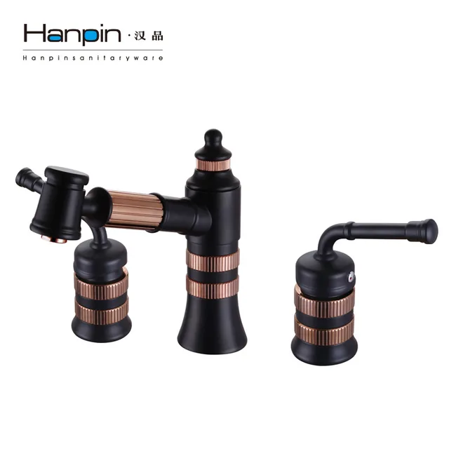 Special Offers Antique European Three-hole Basin Black Faucet Brass Hot And Cold Kitchen Faucet Brass Brushed Double Handles Deck Mounted