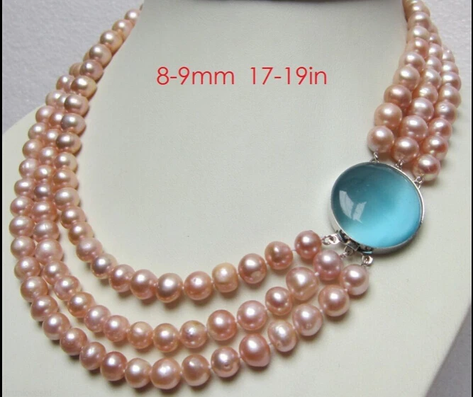 

Free shipping TRIPLE STRANDS 8*9MM SOUTH SEA pink PEARL NECKLACE