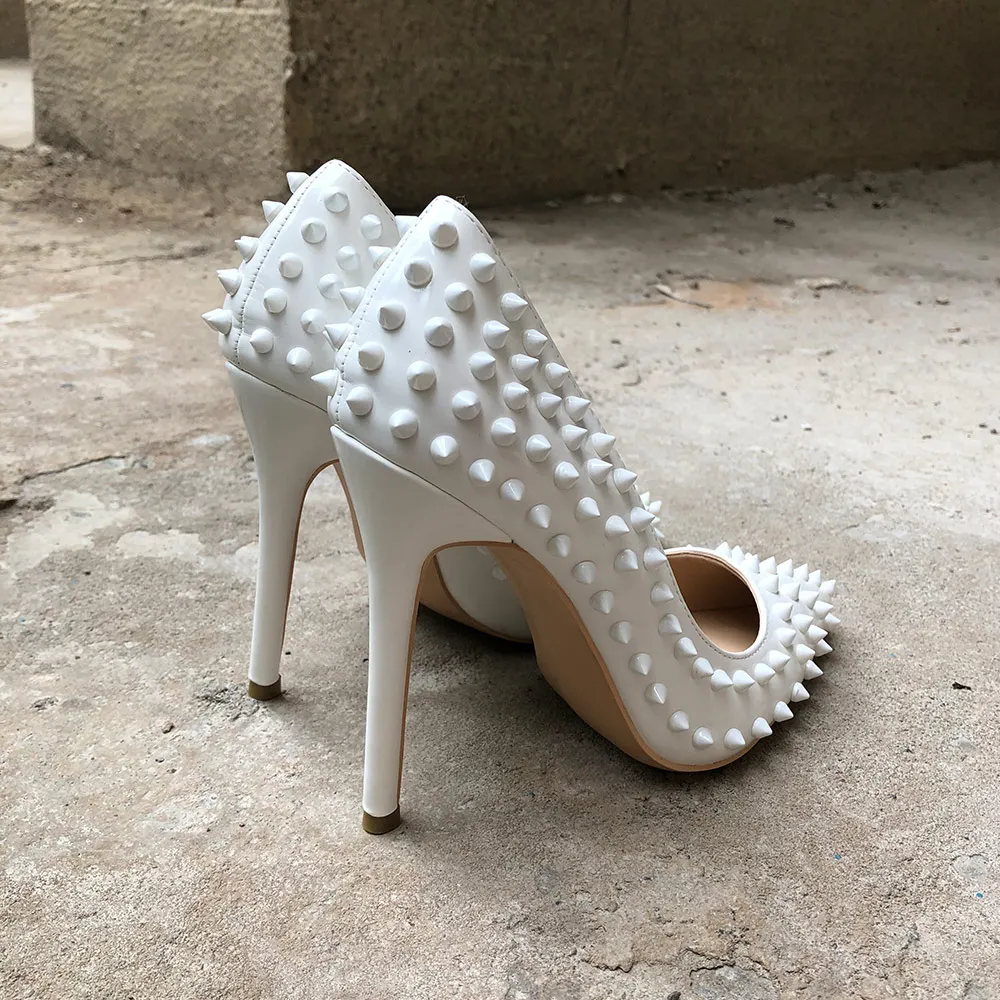 Veowalk/женские белые шипами; женская обувь с острым носком пикантная обувь для ночного клуба на высоком каблуке; женская обувь с заклепками на высоком каблуке Дамская туфли-лодочки без шнуровки обувь для ночного клуба 12/10/8 СМ дополнительно