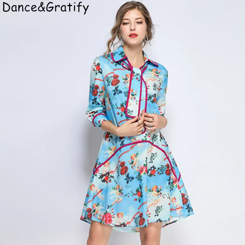 

Women Brand Designer Print Rose Baby Runway Dress New 2019 Summer Turn-down Collar Bowtie Party Dress