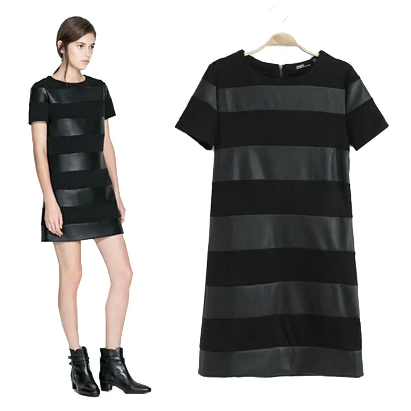 Jimshop New Arrival Summer 2016 Black font b Women b font Slim Short Sleeve Leather Patchwork