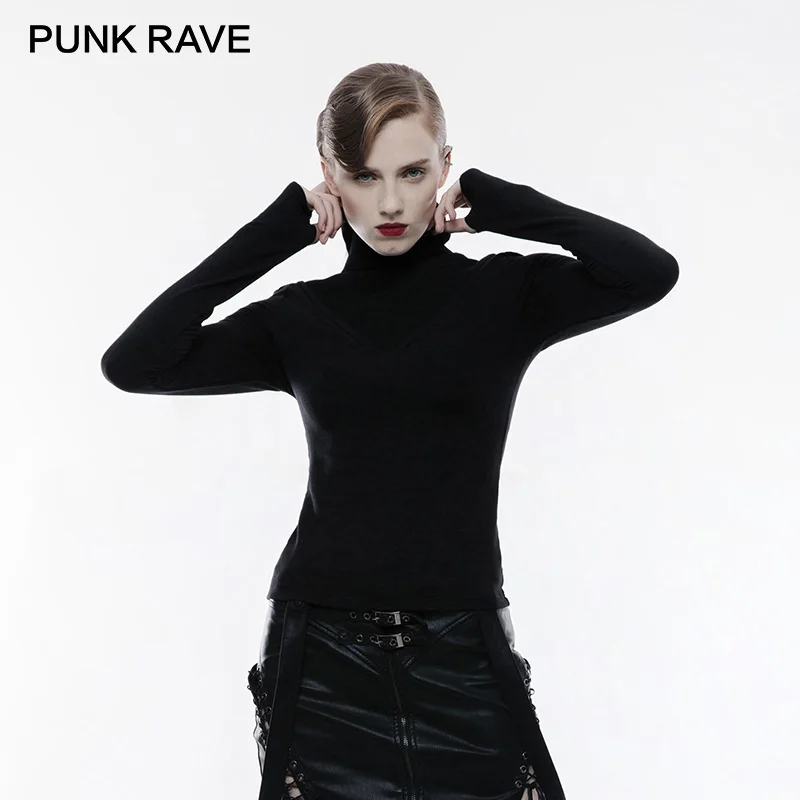 

PUNK RAVE Punk Fake Two Deep V High Collar Sexy Ladies Long Sleeve Shirts Soft Knitted Brief T-shirt Spring Autumn Tops Tees