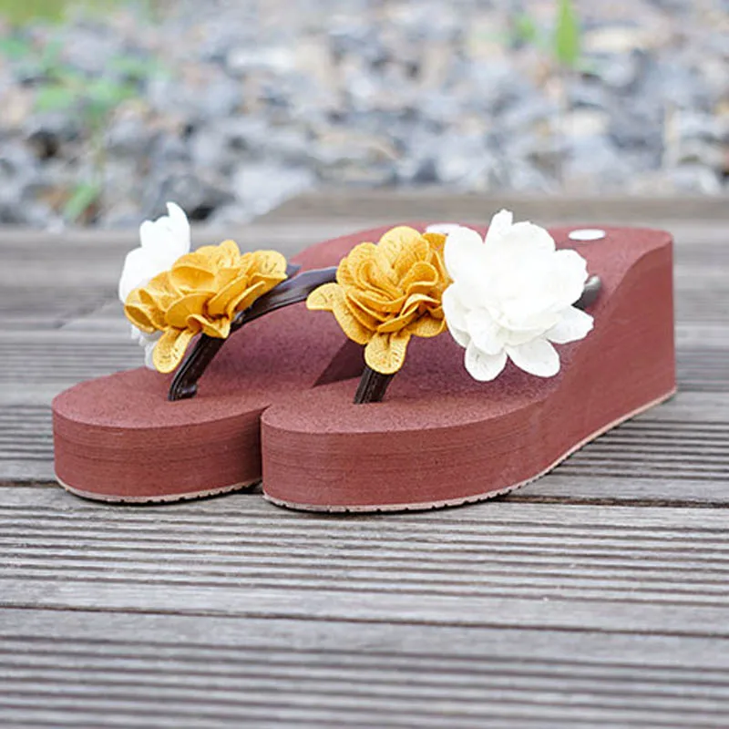 Flower Decoration New 2018 Women Wedge Sandals High Heels Comfortable Wearing Flip Flops Outside Home Slippers Shoes Woman Girls (6)