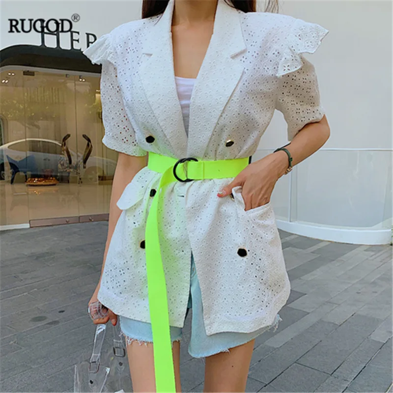 

RUGOD Elegant Belted Double Breasted Lace Shirt Blouse Women Summer Fashion Notched Collar Short Sleeve Blouse With Sash Kimono