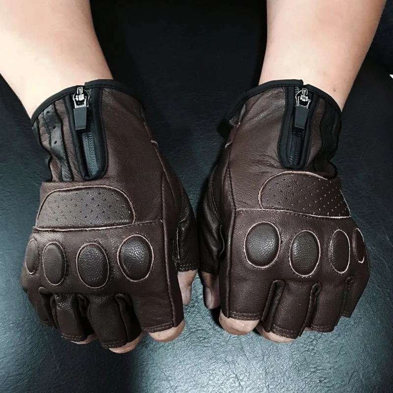 Горячая Распродажа байкерские Мужские кожаные перчатки кожаные мотоциклетные перчатки на половину пальца для ретро коричневого черного цвета M L XL XXL