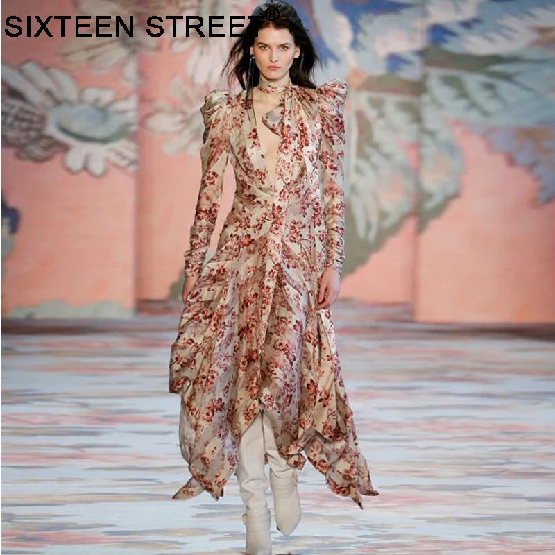 

2019 New vintage floral print maxi dress woman long sleeve V neck lace up runway designer dresses for lady