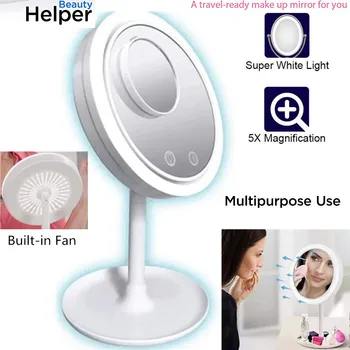 

Makeup Mirrors Convenience Use Three-in-one Lighted With Fan Battery-powered USB LED Light 5x Magnification Detail Multifunction