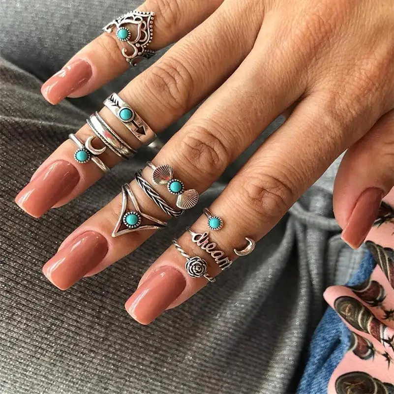 

Retro Women Rings Set Hollow Flower Moon Shell Blue Crystal Geometric Irregular Silver Ring Female Exquisite Ball Party