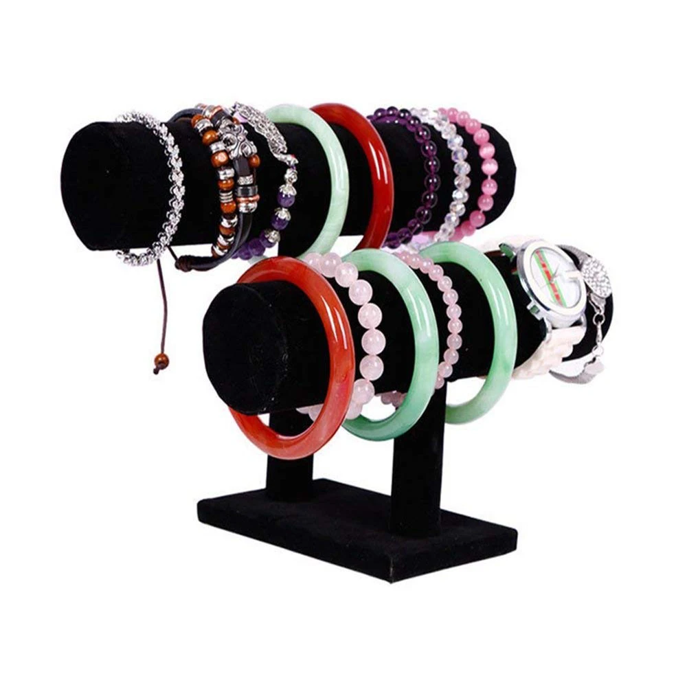

SZanbana 2 Tiers Black T-Bar Velvet Necklace Jewelry Showcase Bangle Bracelet Home Organizer Decorative Chains Storage Rack