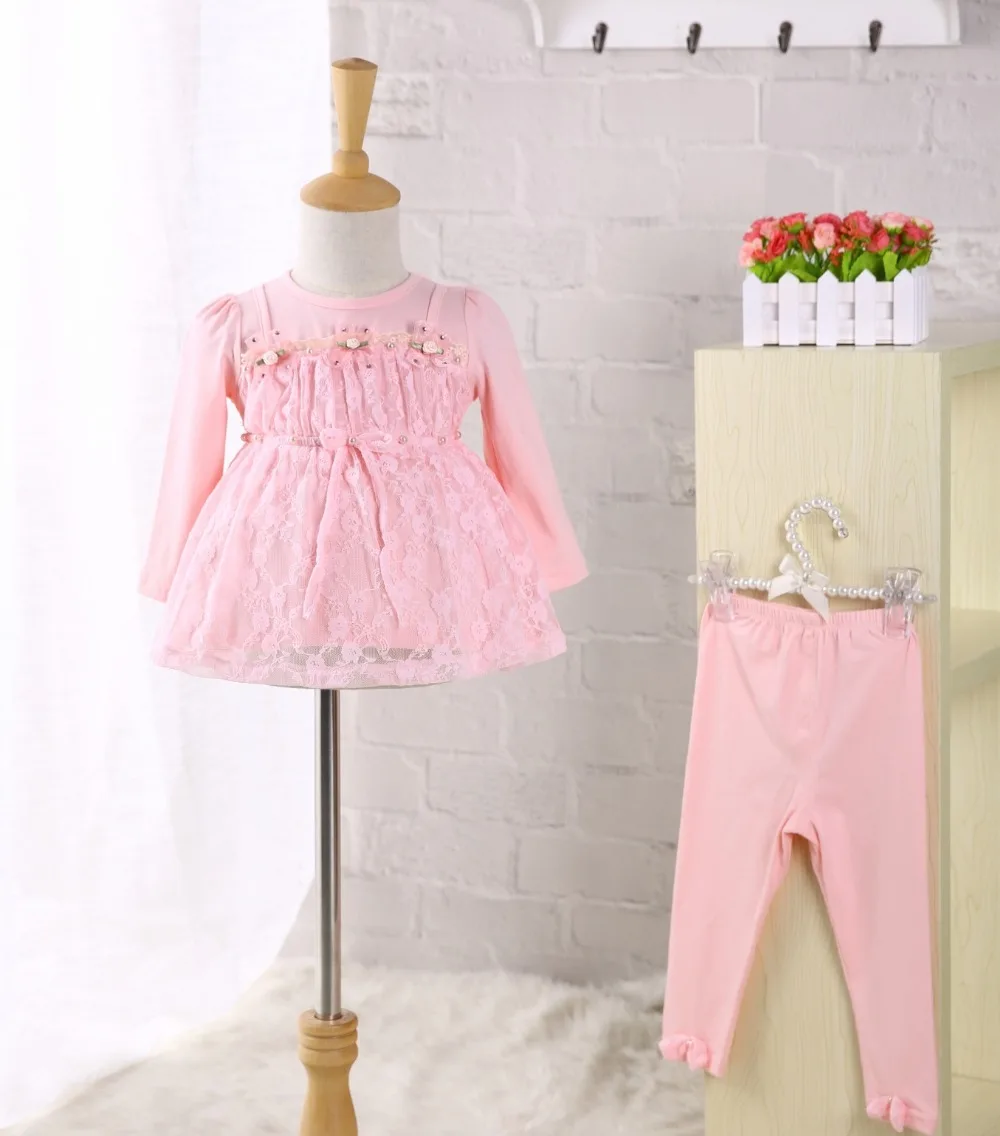 Baby Girl Cotton Set infant wedding dress pink lace 1 year birthday dress long-sleeve infant baby bastipsm dress:dress+leggings