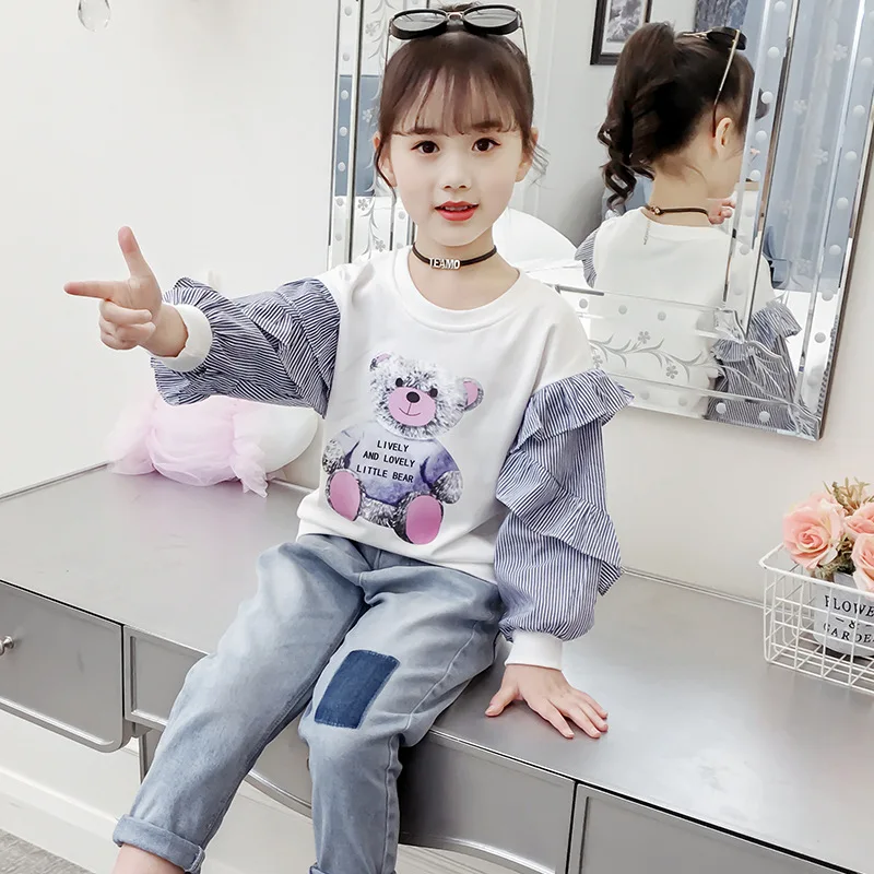 

Cartoon Sweatshirt Kids Autumn Basic T-shirts for Children Girls Cartoon Bear Clothes Stripe Ruffle Sleeve Tops Korean Clothing