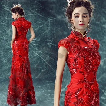 modern chinese oriental women long lace red traditional wedding qipao dresses cheongsam embroidered designer plus size mermaid