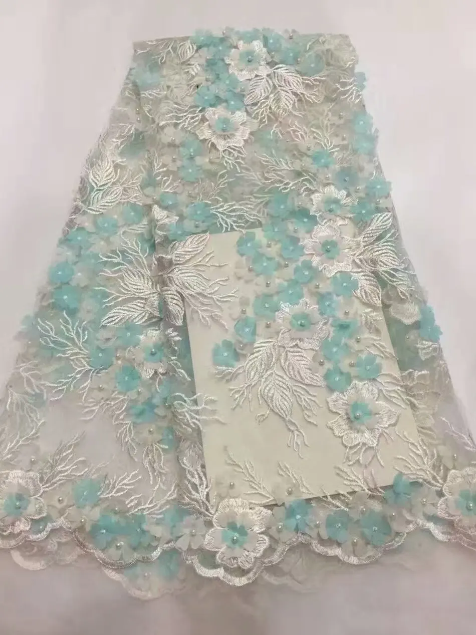 Pesca 3d del fiore del tessuto con perline 2017 nuovo disegno in rilievo Tessuto di Pizzo con fiore 3d di Alta Qualit  Tessuto Africano Del Merletto in
