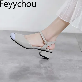 

Women's Sandals Med Heels Pu Square Toe Thick Heels Buckle Strap Mixed-colors 2019 New Sexy Fashion Sweet Gray Big Size 34-43