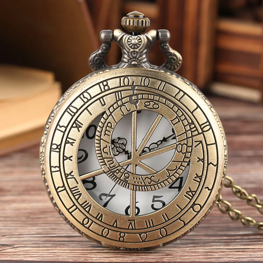 Retro Bronze Geometry Rome Number Compass Case Quartz Pocket Watch Vintage Necklace Pendant Clock Chain Gift Relogio De Bolso (7)