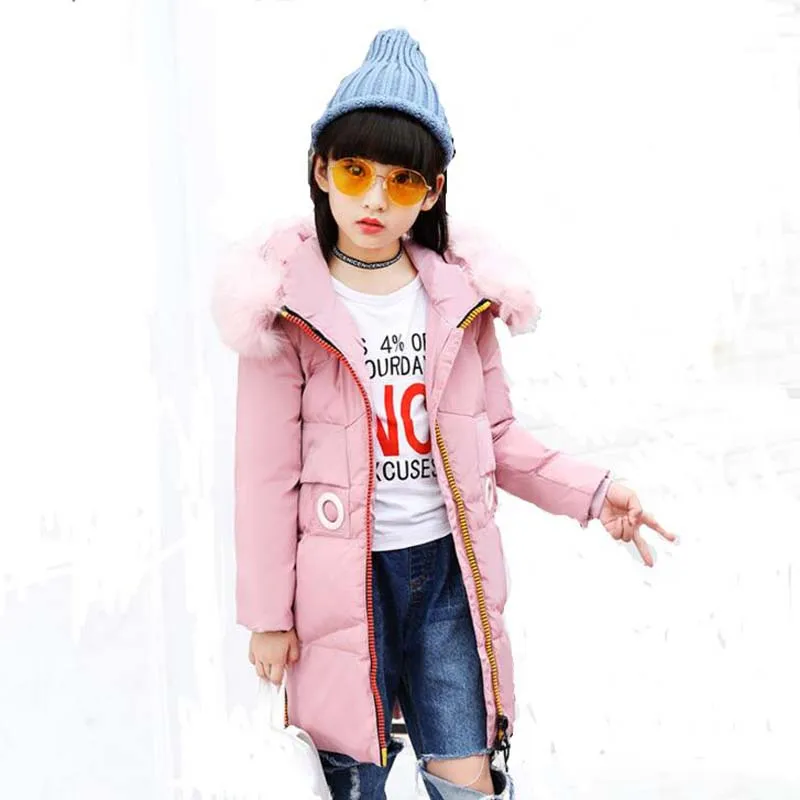 

Russian winter Children's White Duck Down Jackets casual kids long down coats hooded girls fur collar outdoor ski outwear 5-12Y