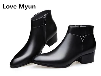 

New high heels mens genuine leather boots shoes men fashion buckle design pointed toe ankle boots office career work boots shoes